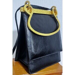 Clara Studio for Asymmetry Vtg Black Lizard Embossed Leather Bag 24K Gold Handle